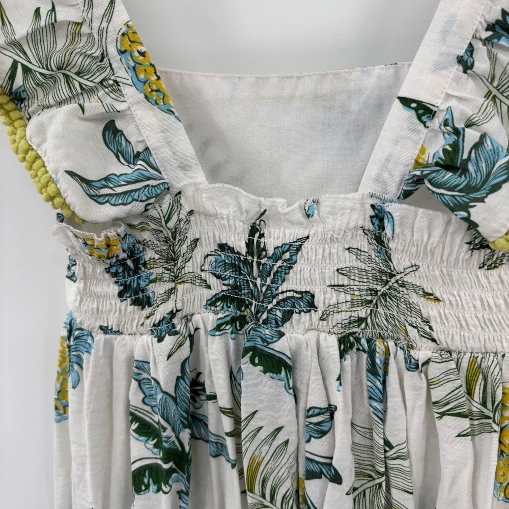 Bonnie Jean Maxi Dress Kids Size 6X White Tropical Pineapple Pom Pom Trim Summer